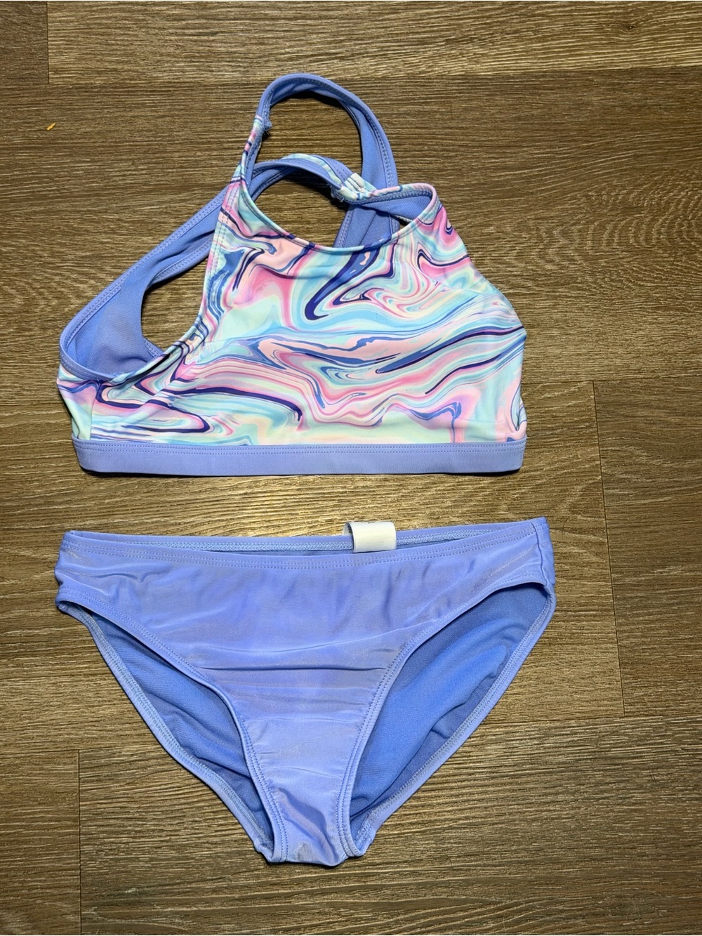 Wonder Nation Girls Marble Swirl Bikini Set | Size L (10-12) | Periwinkle Blue